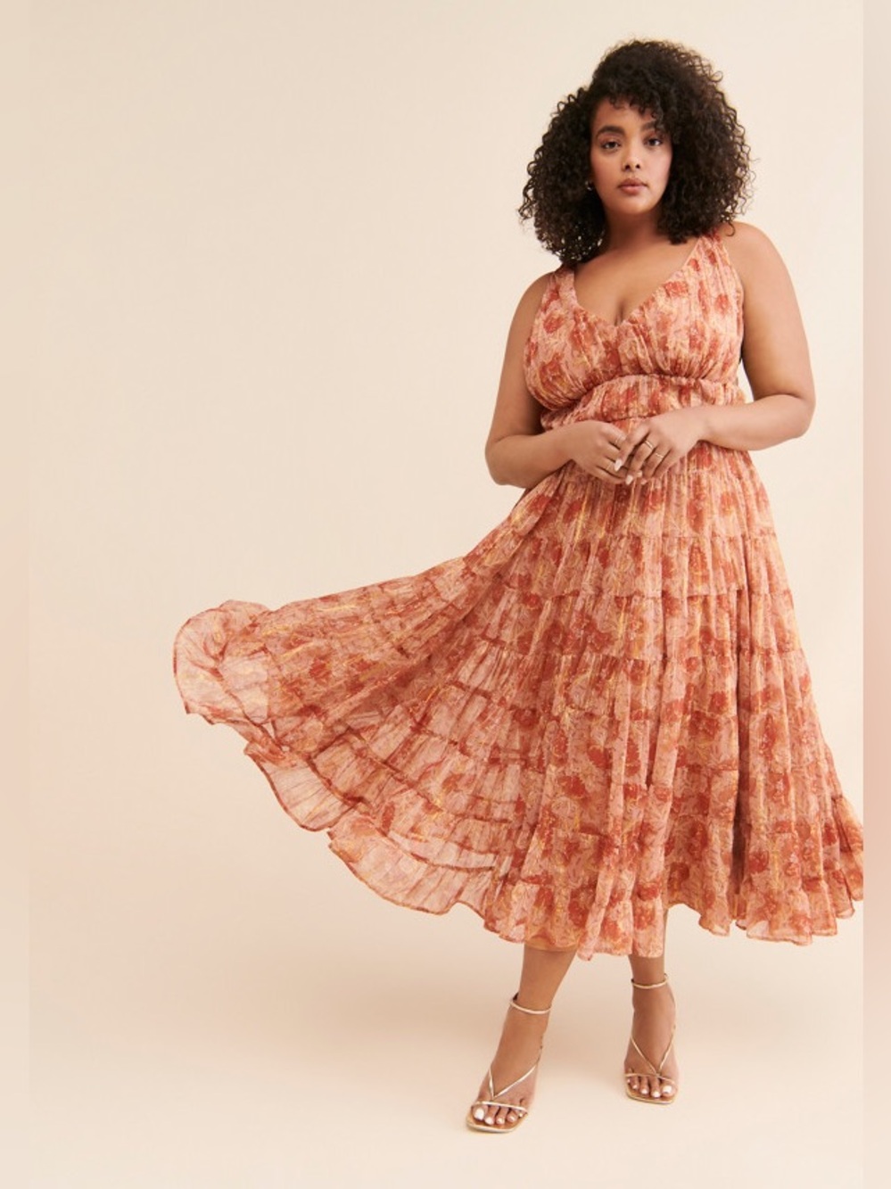 Anthropologie Let Me Be Floral Jacquard Tiered Maxi Dress Floral Rust Orange 1X